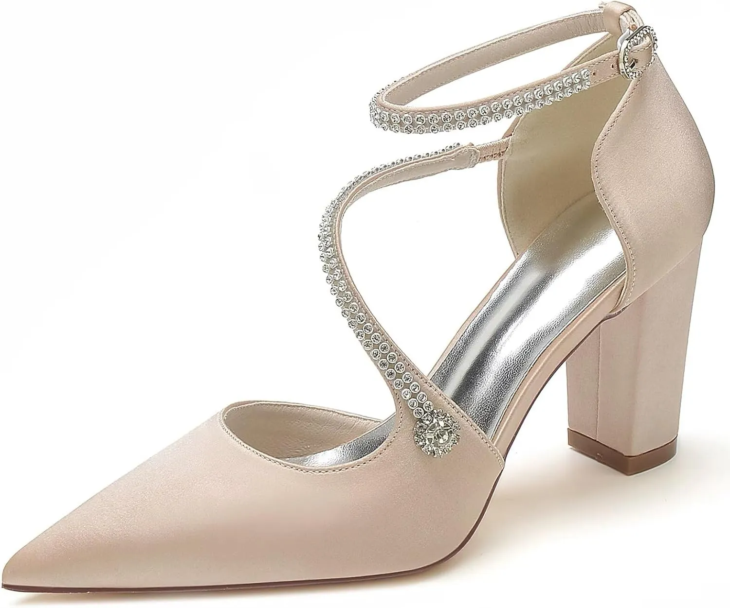 HNVAVQ Women's Chunky Block Heel Bridal Sandals Ankle Strap Court Shoes Wedding Dress Shoes Pointed Toe Satin Prom Evening Party Pumps for Bride Bridesmaid