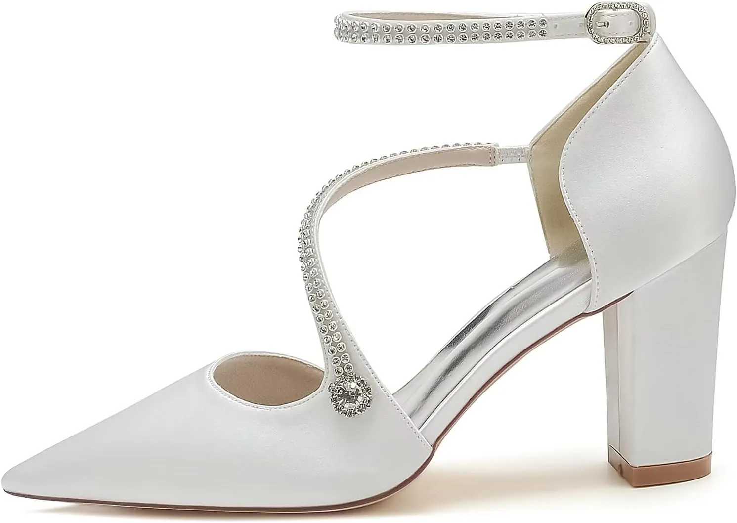 HNVAVQ Women's Chunky Block Heel Bridal Sandals Ankle Strap Court Shoes Wedding Dress Shoes Pointed Toe Satin Prom Evening Party Pumps for Bride Bridesmaid