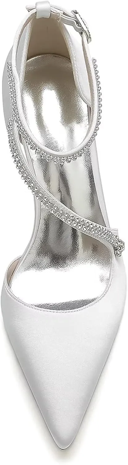 HNVAVQ Women's Chunky Block Heel Bridal Sandals Ankle Strap Court Shoes Wedding Dress Shoes Pointed Toe Satin Prom Evening Party Pumps for Bride Bridesmaid