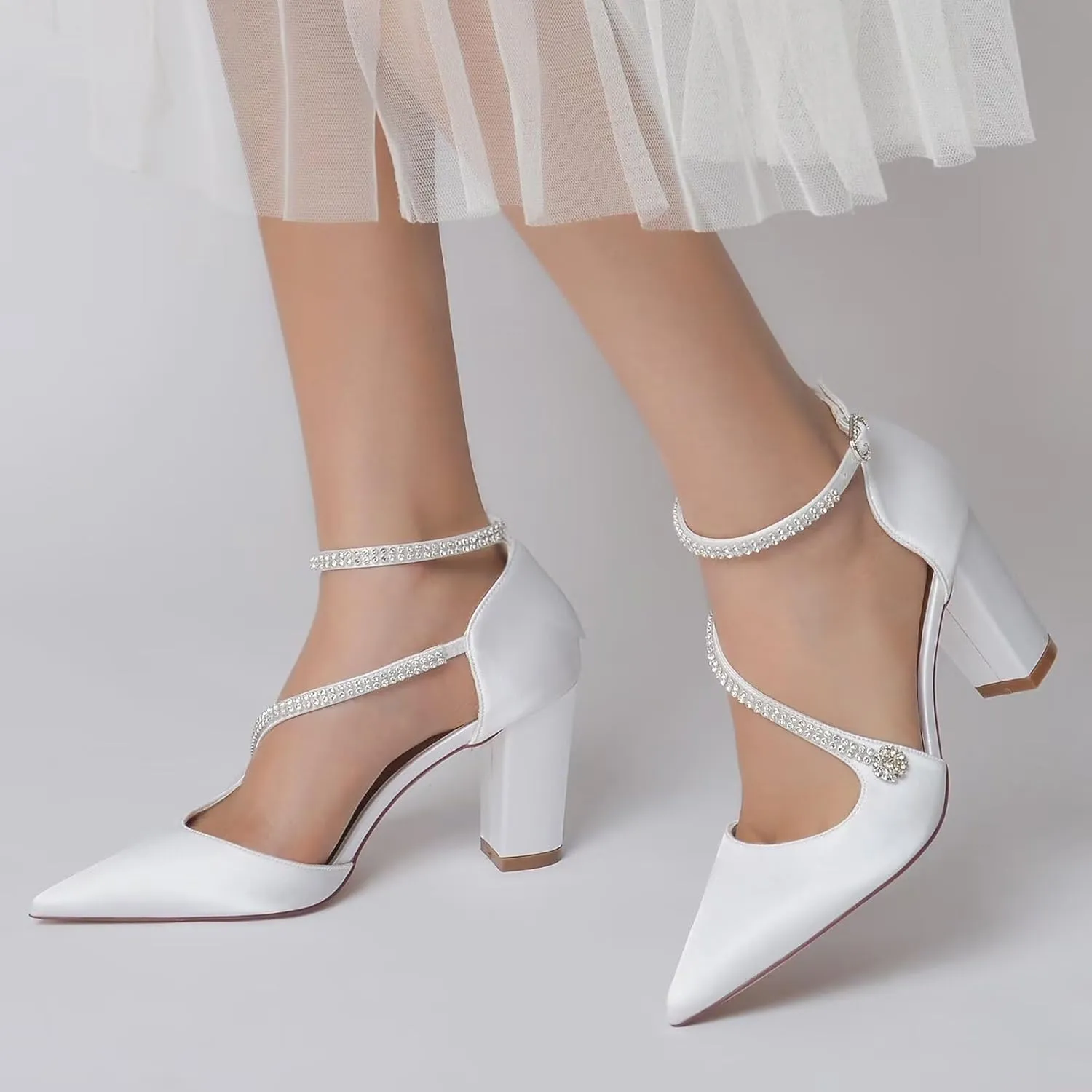 HNVAVQ Women's Chunky Block Heel Bridal Sandals Ankle Strap Court Shoes Wedding Dress Shoes Pointed Toe Satin Prom Evening Party Pumps for Bride Bridesmaid