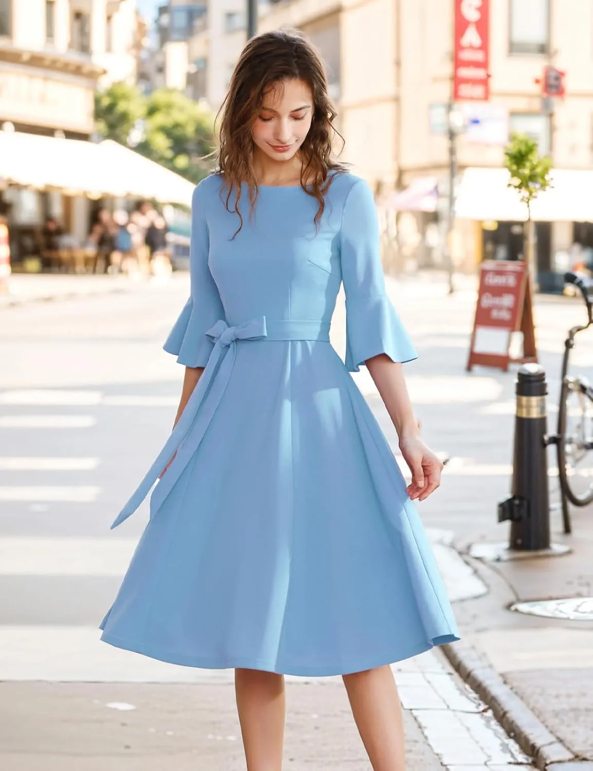 HomRain Women's Church Dresses for 2025 Wedding Guest Cocktail Tea Party Bell Sleeve Vintage Evening Graduation Dress