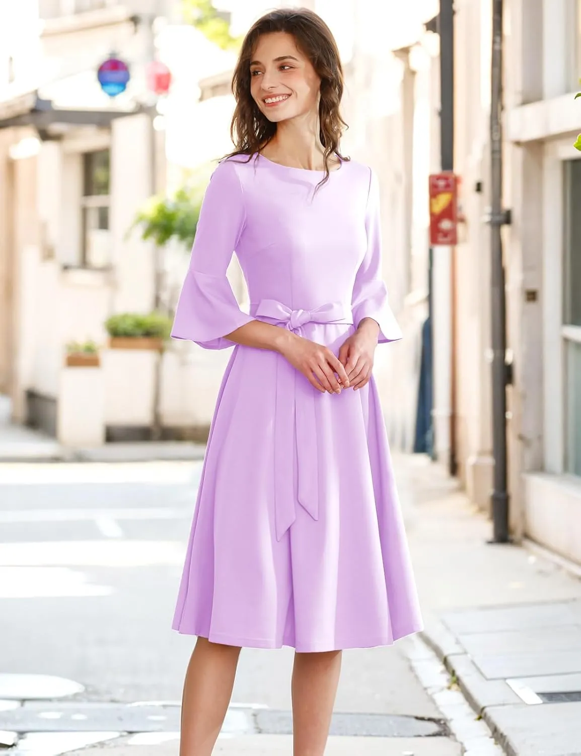 HomRain Women's Church Dresses for 2025 Wedding Guest Cocktail Tea Party Bell Sleeve Vintage Evening Graduation Dress
