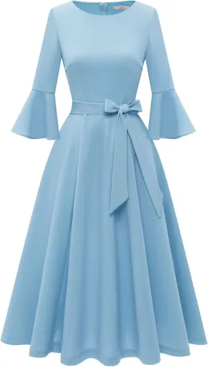 HomRain Women's Church Dresses for 2025 Wedding Guest Cocktail Tea Party Bell Sleeve Vintage Evening Graduation Dress