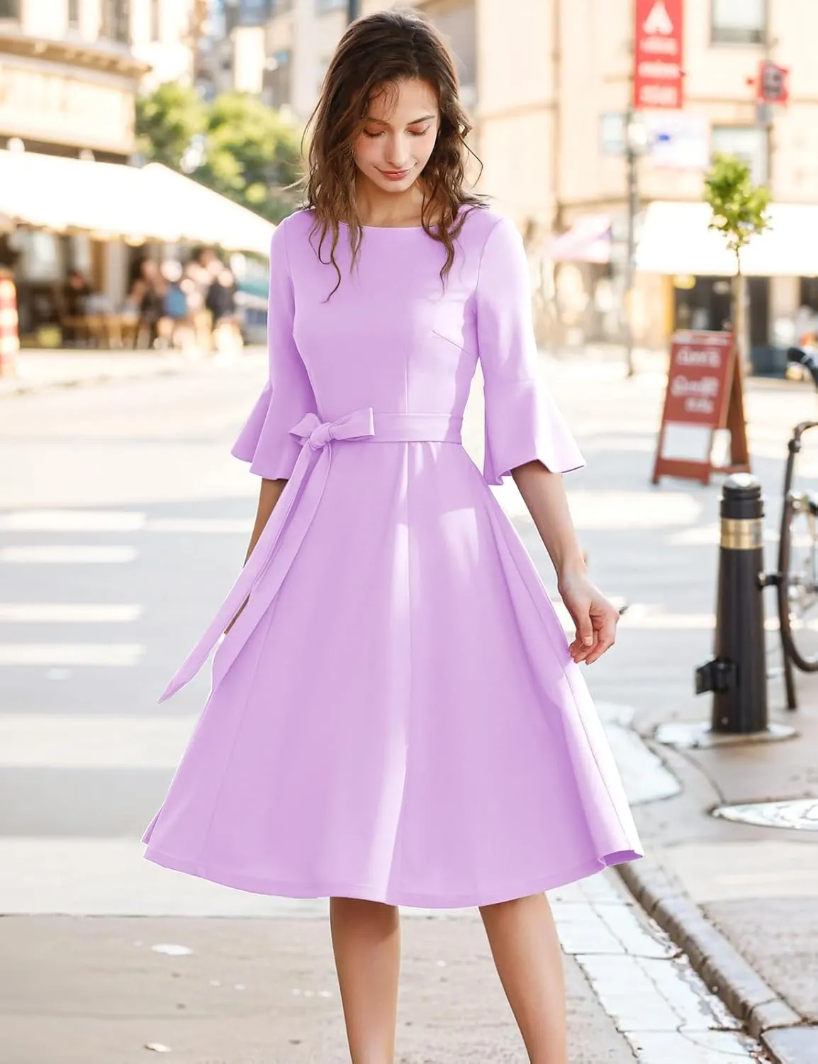 HomRain Women's Church Dresses for 2025 Wedding Guest Cocktail Tea Party Bell Sleeve Vintage Evening Graduation Dress