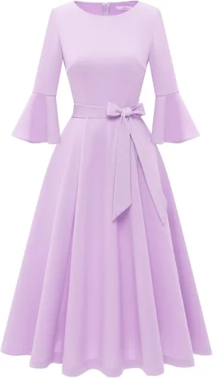 HomRain Women's Church Dresses for 2025 Wedding Guest Cocktail Tea Party Bell Sleeve Vintage Evening Graduation Dress