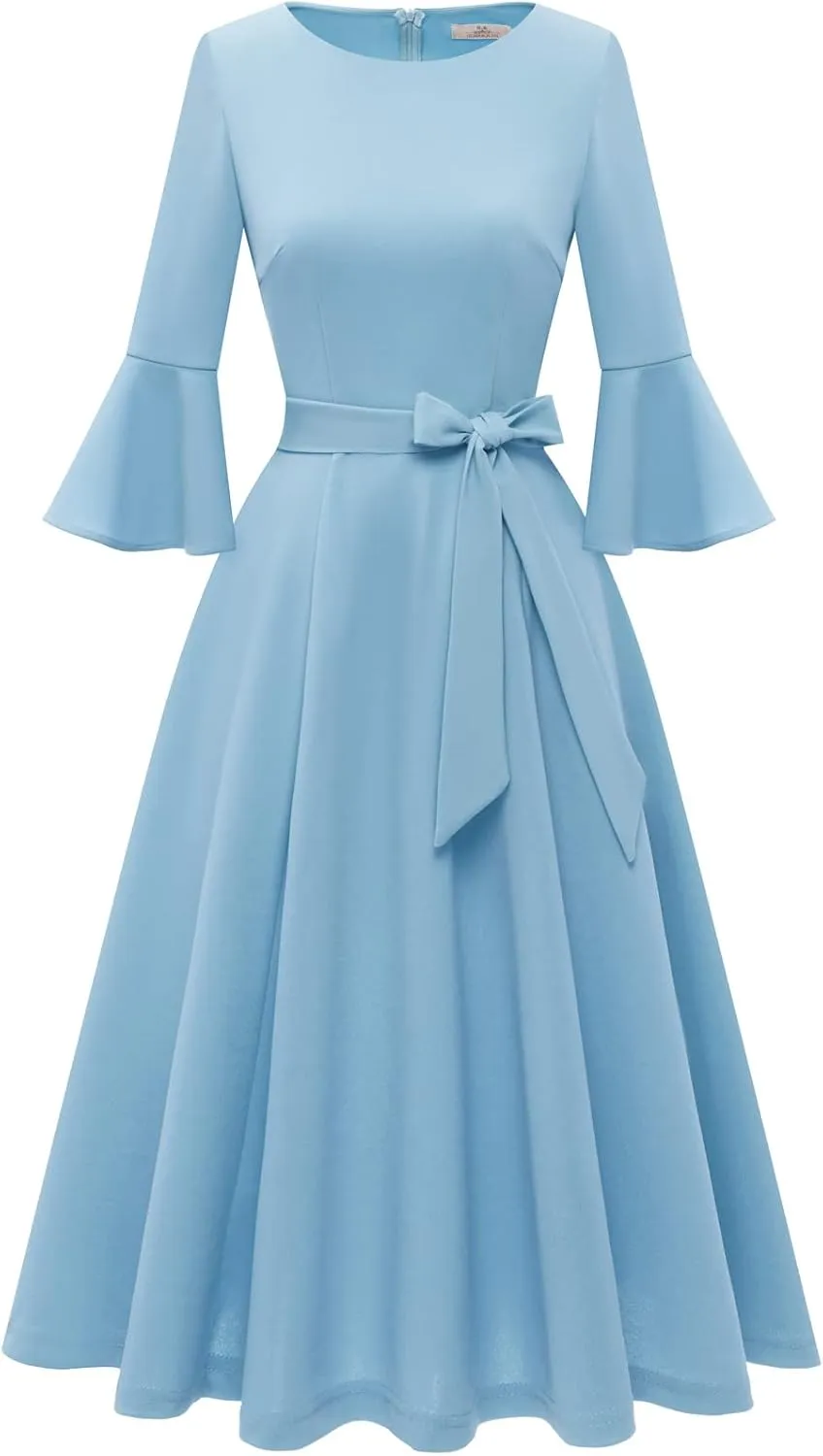 HomRain Women's Church Dresses for 2025 Wedding Guest Cocktail Tea Party Bell Sleeve Vintage Evening Graduation Dress