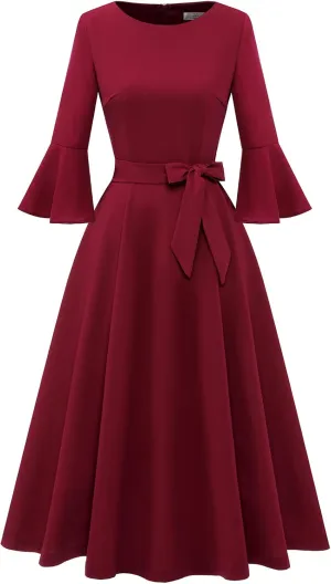 HomRain Women's Church Dresses for 2025 Wedding Guest Cocktail Tea Party Bell Sleeve Vintage Evening Graduation Dress