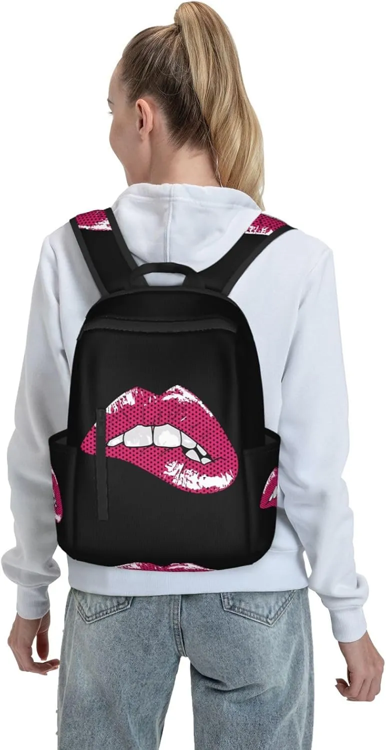 Hot Biting Pink Lips Casual Backpacks Large Capacity Laptop Backpack Sports Rucksack Travel Daypack Adjustable Shoulder Strap Work Bag for Outdoor Camping