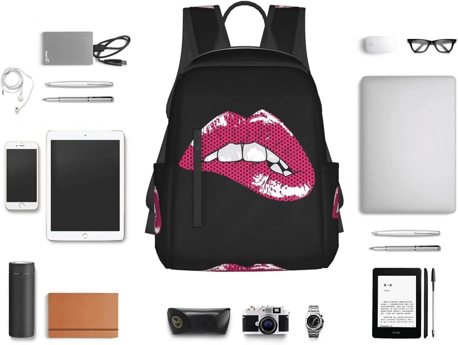 Hot Biting Pink Lips Casual Backpacks Large Capacity Laptop Backpack Sports Rucksack Travel Daypack Adjustable Shoulder Strap Work Bag for Outdoor Camping