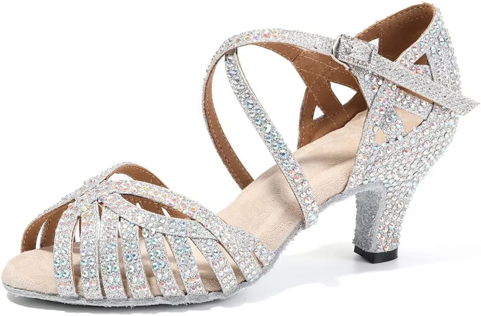 HROYL Women Rhinestone Ballroom Dance Shoes Latin Salsa Practice Performance Dance Shoes YCL380