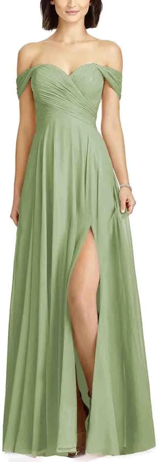 HSFIYAKJ Off Shoulder Bridesmaid Dresses for Women Long Pleated Chiffon A Line Formal Evening Prom Dress with Slit