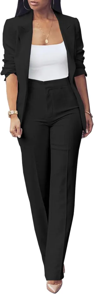 HuiSiFang Womens Fall Fashion 2 Piece Blazer Sets Open Front Blazers and Slim Fit Pants Suits Set