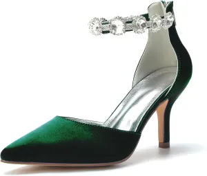 Hyinlays Women's Closed Pointed Toe High Heel Satin Ankle Strap Pumps Wedding Bridal Evening Party Dress Shoes