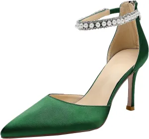 Hyinlays Women's High Heels Pearls Satin Closed Toe Stiletto Ankle Strap Pointed Toe Prom Evening Wedding Party Dress Pumps Shoes