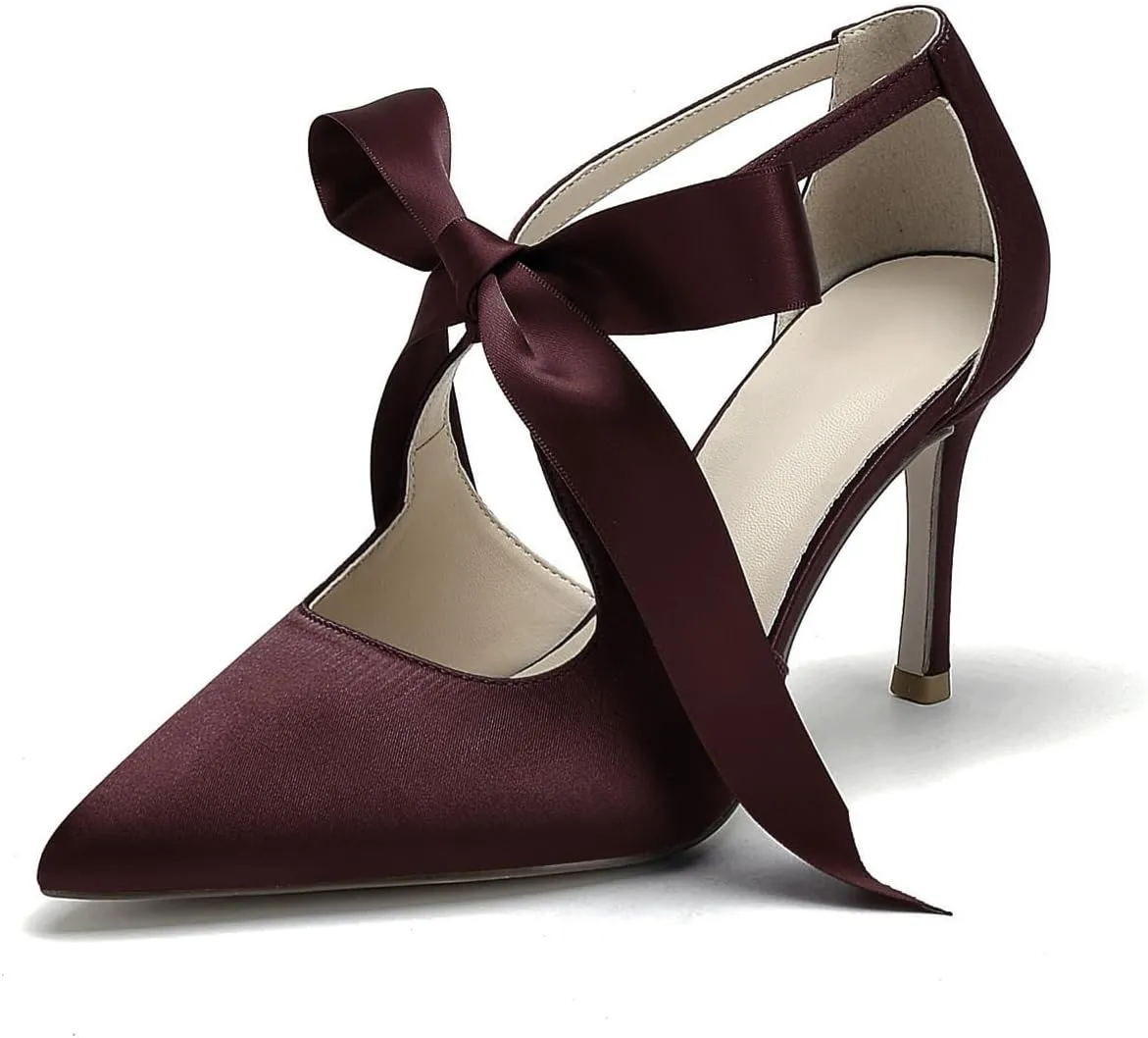 Hyinlays Women's High Heels Satin Pointed Toe Pumps Mary Jane Heels Evening Wedding Party Dress Pump Shoes