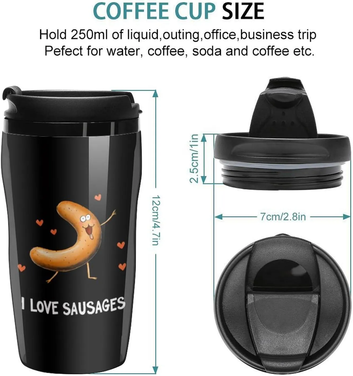 I Love Sausages Grilled Sausage Coffee Mug with Lid Portable Tumbler Water Bottle for Travel Business 250ml