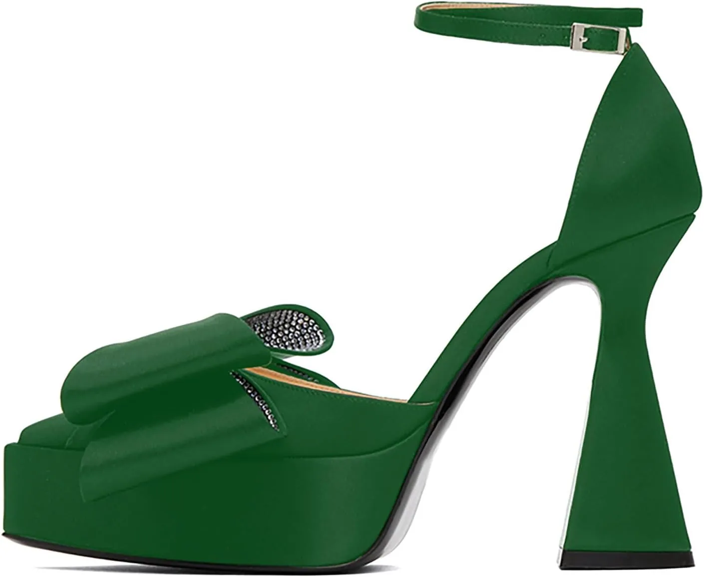 iadore Women Fashion Platform Chunky Heel Shoes Chic Splicing Satin Pumps Bowknots Rhinestone Studded Ankle Straps Pumps Size 5-12 US