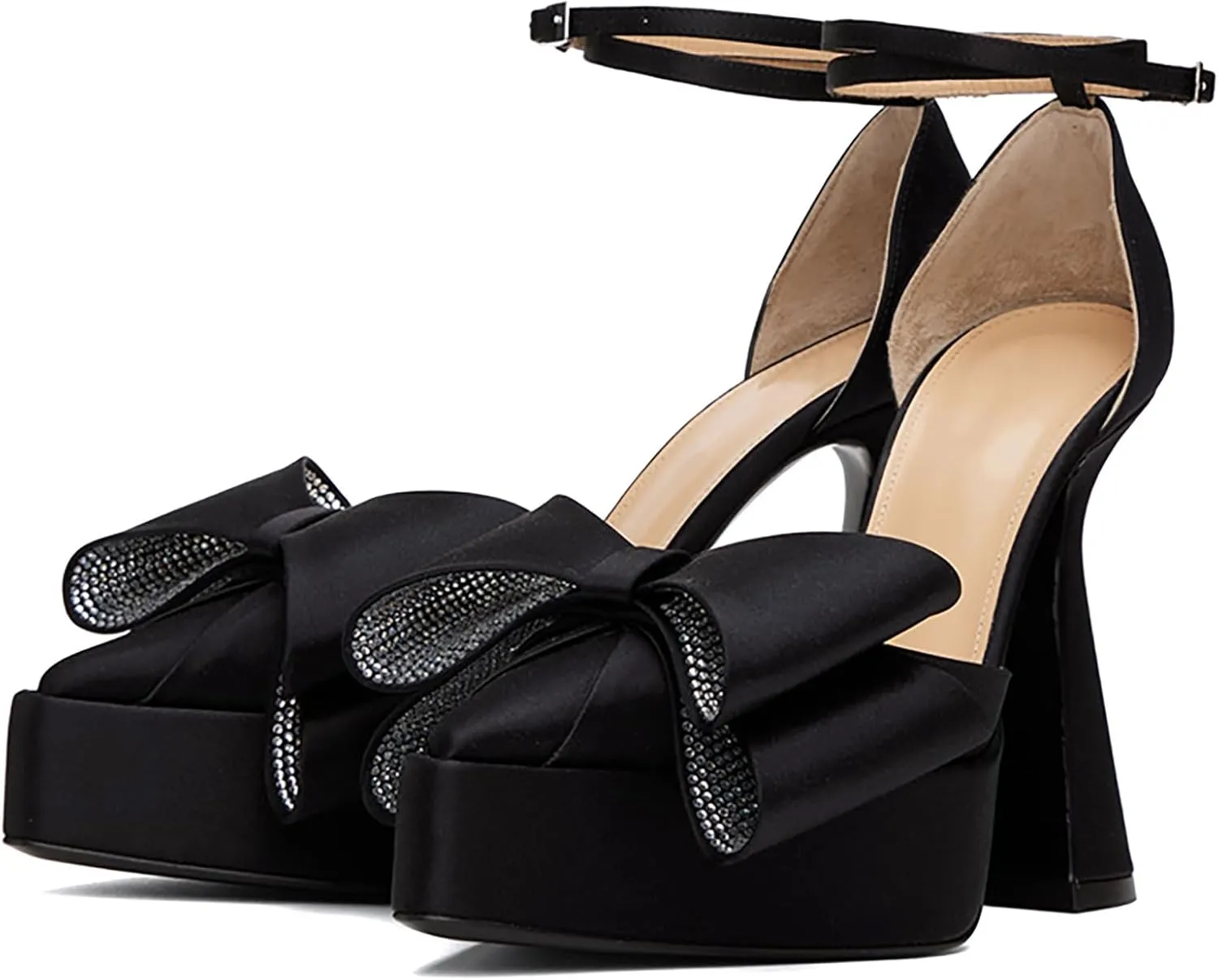 iadore Women Fashion Platform Chunky Heel Shoes Chic Splicing Satin Pumps Bowknots Rhinestone Studded Ankle Straps Pumps Size 5-12 US