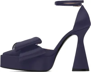 iadore Women Fashion Platform Chunky Heel Shoes Chic Splicing Satin Pumps Bowknots Rhinestone Studded Ankle Straps Pumps Size 5-12 US