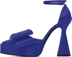 iadore Women Fashion Platform Chunky Heel Shoes Chic Splicing Satin Pumps Bowknots Rhinestone Studded Ankle Straps Pumps Size 5-12 US