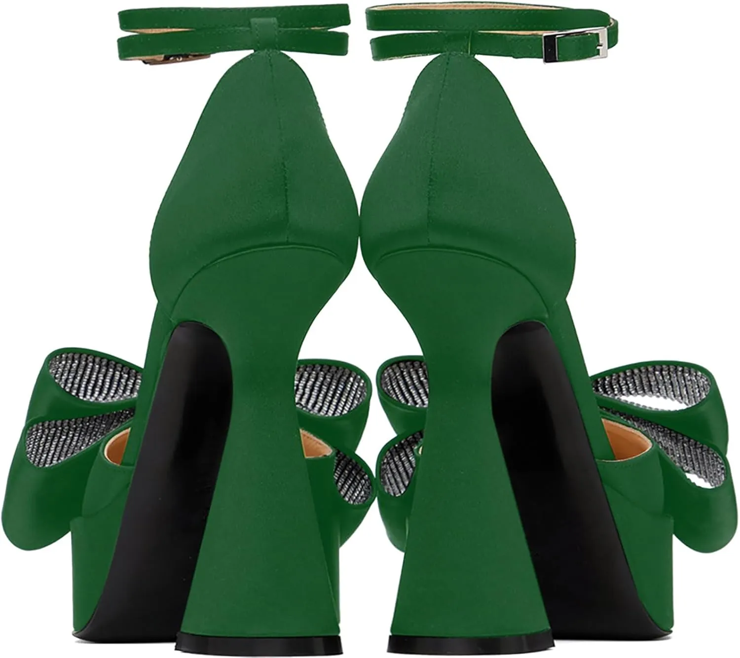 iadore Women Fashion Platform Chunky Heel Shoes Chic Splicing Satin Pumps Bowknots Rhinestone Studded Ankle Straps Pumps Size 5-12 US