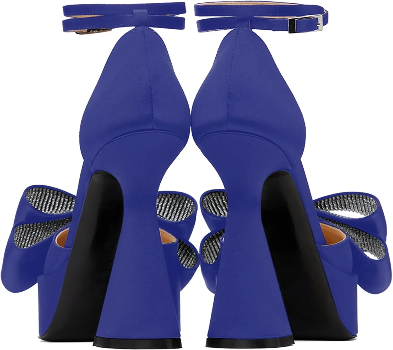 iadore Women Fashion Platform Chunky Heel Shoes Chic Splicing Satin Pumps Bowknots Rhinestone Studded Ankle Straps Pumps Size 5-12 US
