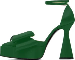 iadore Women Fashion Platform Chunky Heel Shoes Chic Splicing Satin Pumps Bowknots Rhinestone Studded Ankle Straps Pumps Size 5-12 US
