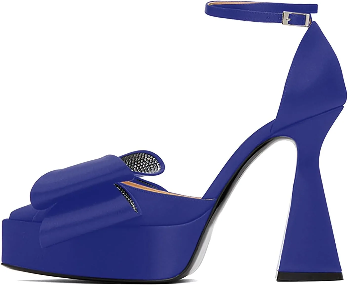 iadore Women Fashion Platform Chunky Heel Shoes Chic Splicing Satin Pumps Bowknots Rhinestone Studded Ankle Straps Pumps Size 5-12 US