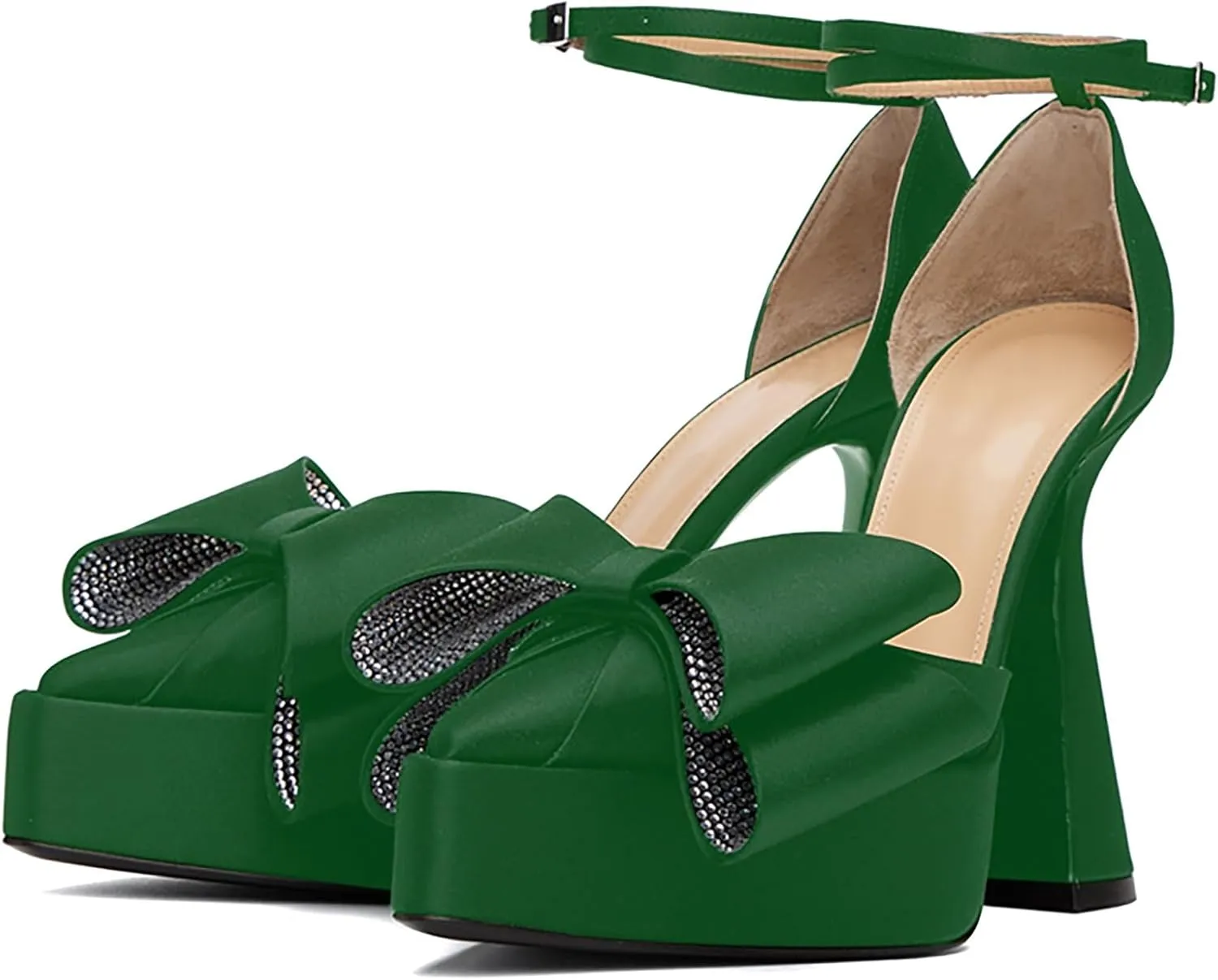iadore Women Fashion Platform Chunky Heel Shoes Chic Splicing Satin Pumps Bowknots Rhinestone Studded Ankle Straps Pumps Size 5-12 US