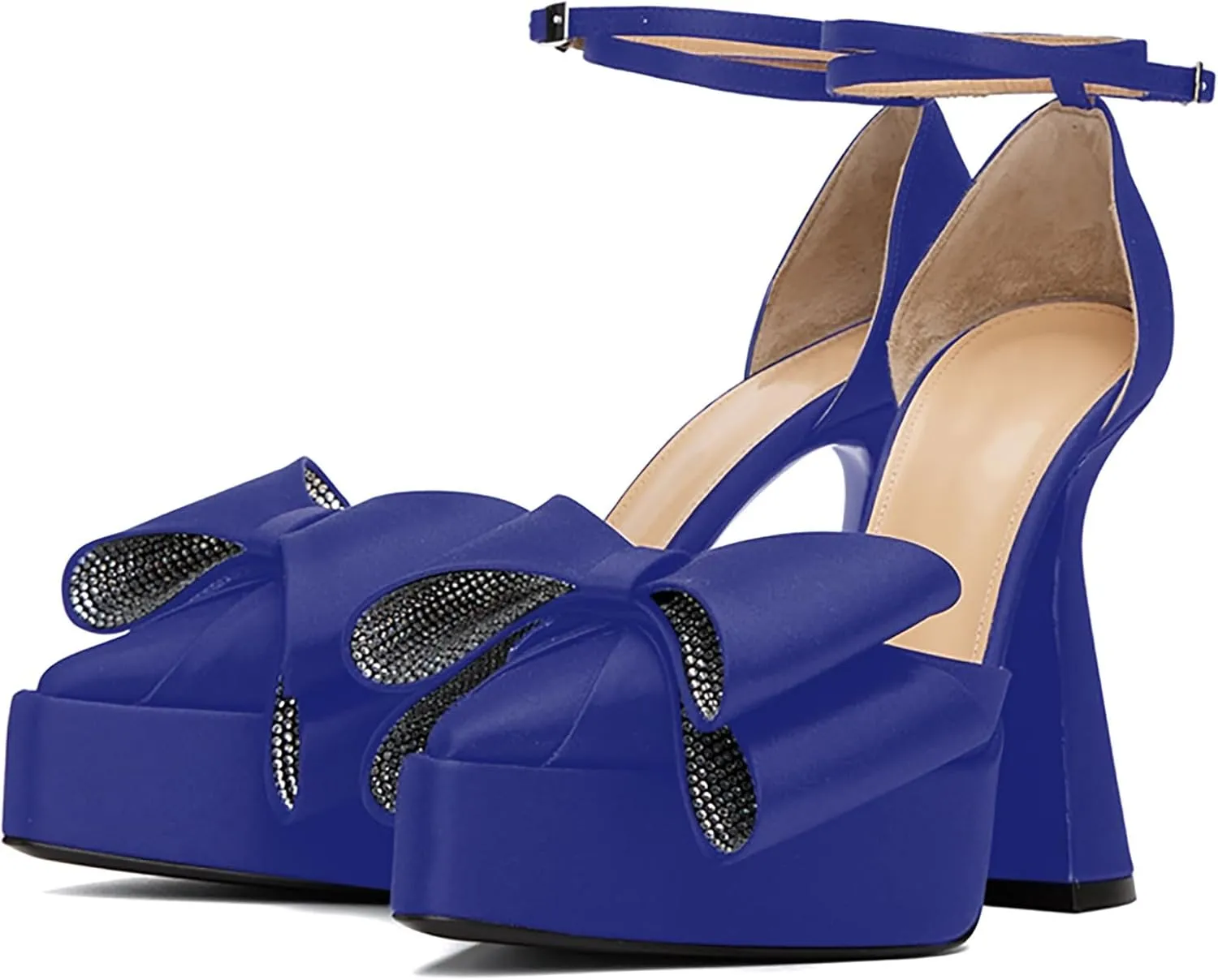 iadore Women Fashion Platform Chunky Heel Shoes Chic Splicing Satin Pumps Bowknots Rhinestone Studded Ankle Straps Pumps Size 5-12 US
