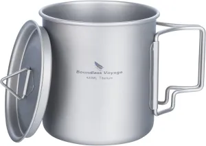 iBasingo 420ml Titanium Mug with Lid Tea Coffee Water Cup Outdoor Camping Pot Ultra-light Portable Hiking Backpacking Cooking Kit Picnic Tableware Drinkware with Foldable Handle Ti3025D