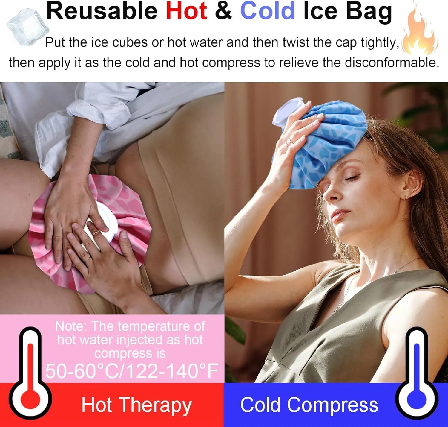 Ice Pack for Injuries Reusable, Ice Bag for Injuries Hot Water Bag for Hot & Cold Therapy, No-Leak Elastic Ice Bag with Elastic Breathable Support Wrap, 3 Sizes 6/9/11"