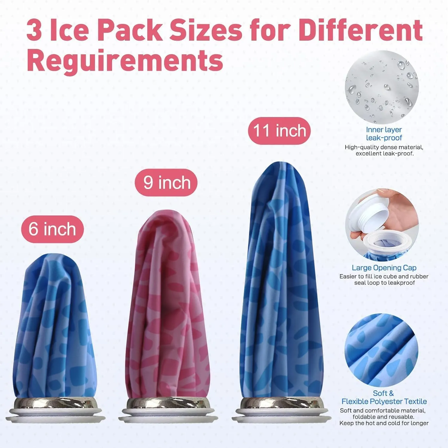 Ice Pack for Injuries Reusable, Ice Bag for Injuries Hot Water Bag for Hot & Cold Therapy, No-Leak Elastic Ice Bag with Elastic Breathable Support Wrap, 3 Sizes 6/9/11"