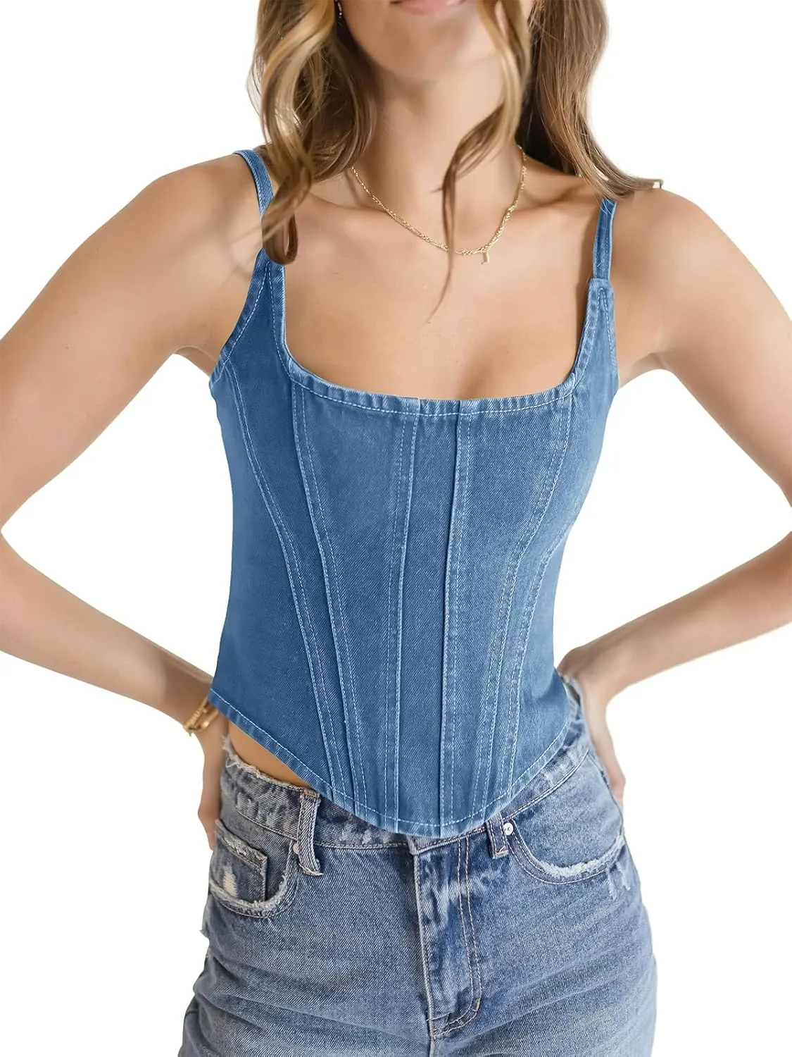 Imily Bela Womens Sleeveless Denim Vest Crop Tank Tops Spaghetti Straps Slim Fit Summer Cami Top