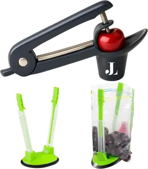 Introducing The Quick-Remove Cherry And Olive Pitter With 2Pcs Freezer Ziplock Bag Holder. A Ultra Fast Cherry Pitter Tool Pit Remover & Convenient Bag Stand.