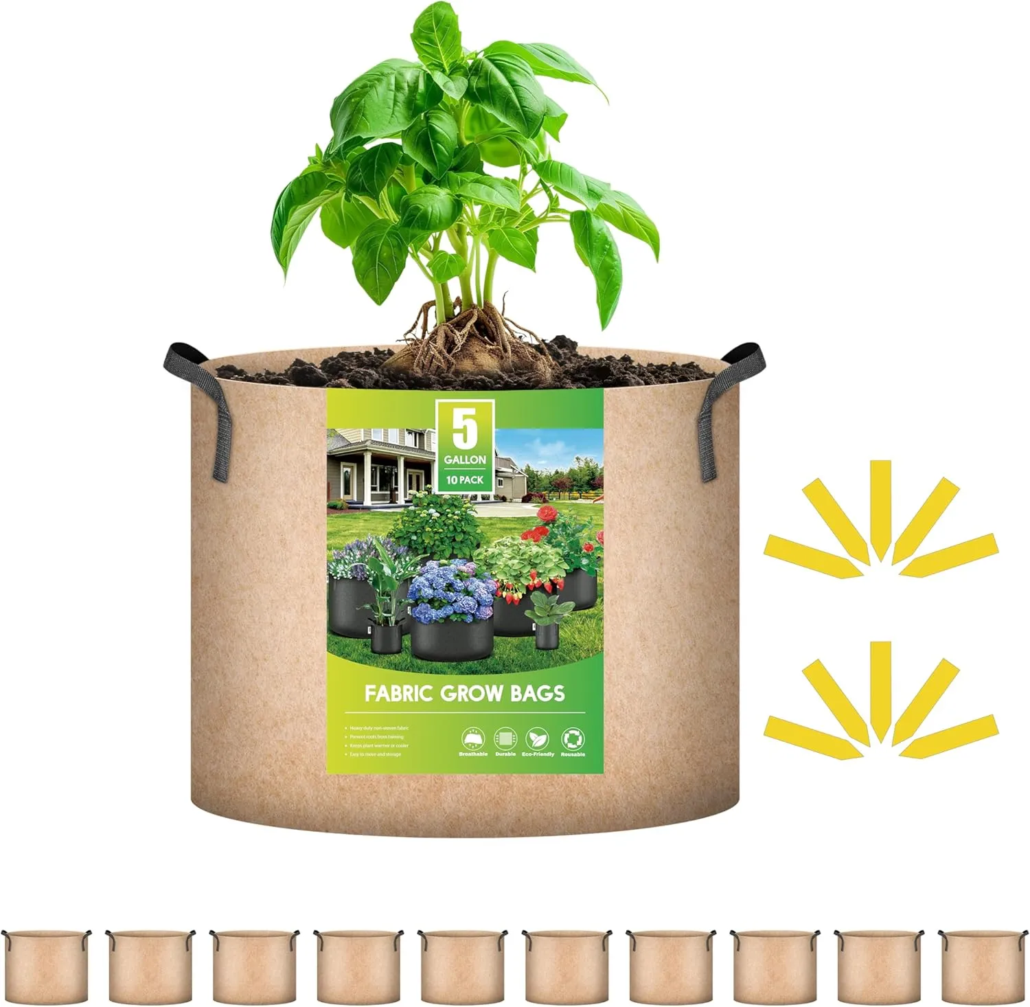 iPower 10-Pack 5 Gallon Plant Grow Bags Heavy Duty Thickened Nonwoven Fabric Growing Pot, Aeration Durable Container with Reinforced Strap Handles with 10 Labels, Tan