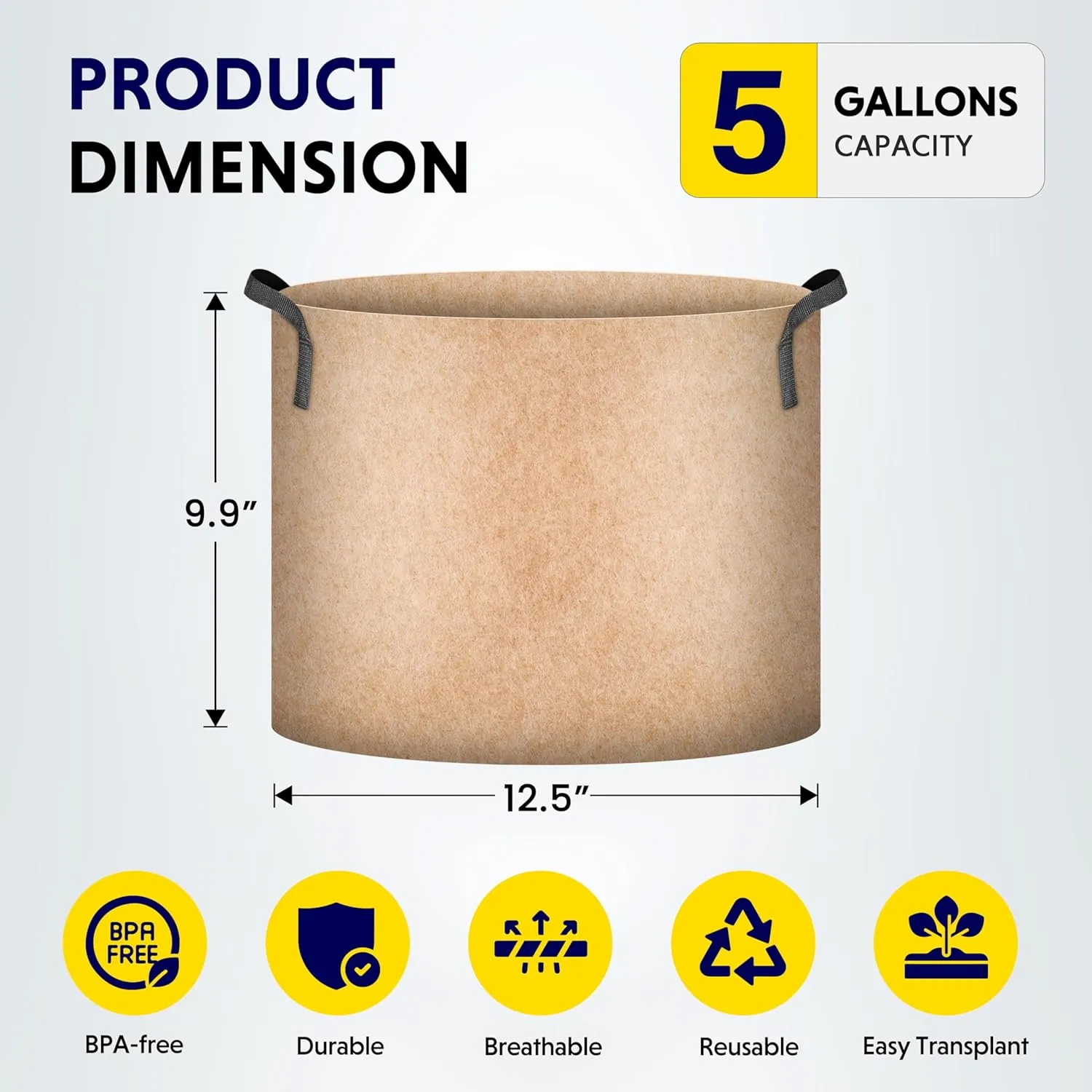 iPower 10-Pack 5 Gallon Plant Grow Bags Heavy Duty Thickened Nonwoven Fabric Growing Pot, Aeration Durable Container with Reinforced Strap Handles with 10 Labels, Tan