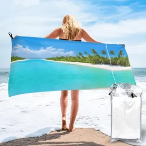 Island With Sandy Beach And Palm Tree Print Premium Compact Microfiber Travel Towel-Featherlight & Quick Dry,Sand-Resistant Beach Towel For Swimming,Camping,Vacation Essentials With Carry Pouch