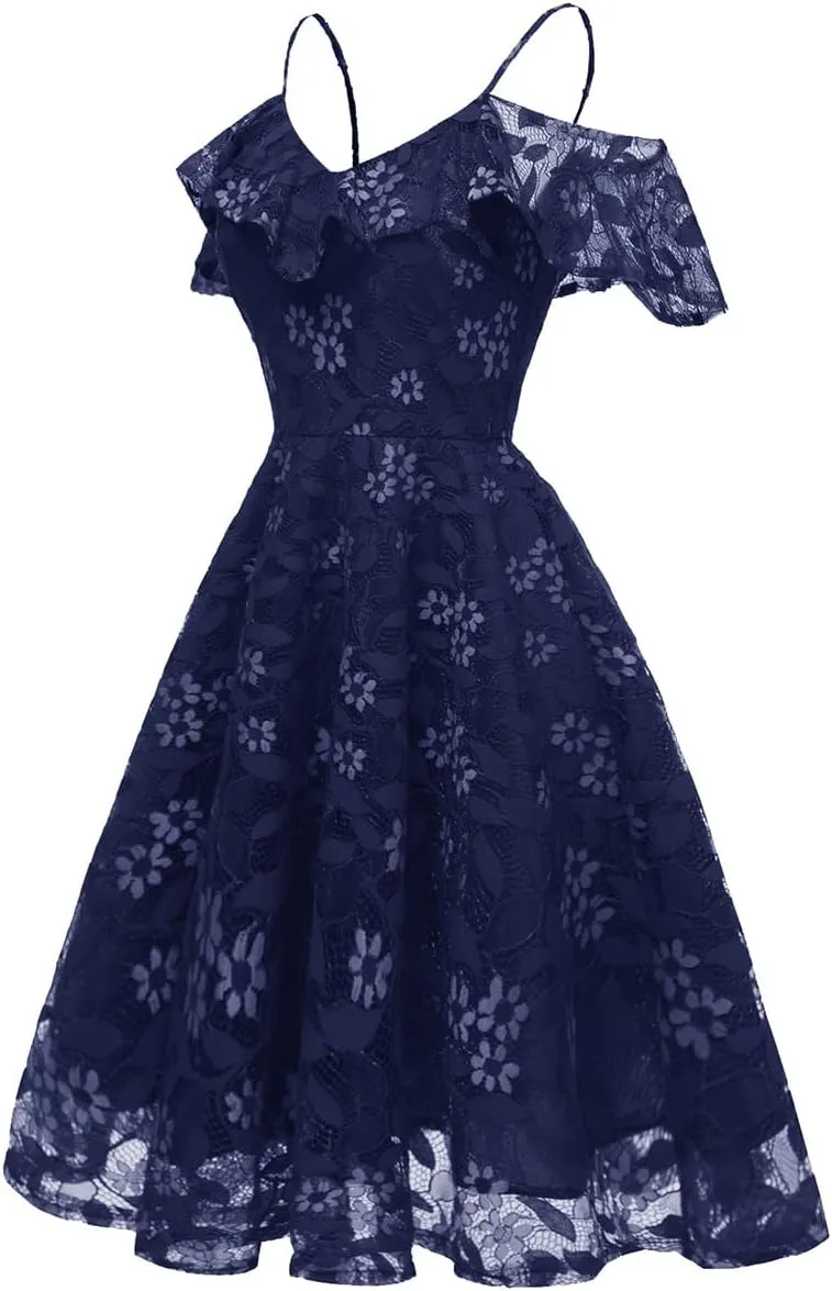 IWEMEK Women Spaghetti Strap Floral Lace Bridesmaid Cocktail Party Dress Cold Shoulder Ruffle Sleeve Wedding Guest Prom Dress