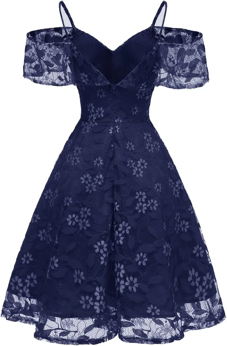 IWEMEK Women Spaghetti Strap Floral Lace Bridesmaid Cocktail Party Dress Cold Shoulder Ruffle Sleeve Wedding Guest Prom Dress