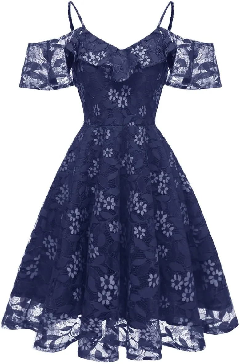 IWEMEK Women Spaghetti Strap Floral Lace Bridesmaid Cocktail Party Dress Cold Shoulder Ruffle Sleeve Wedding Guest Prom Dress
