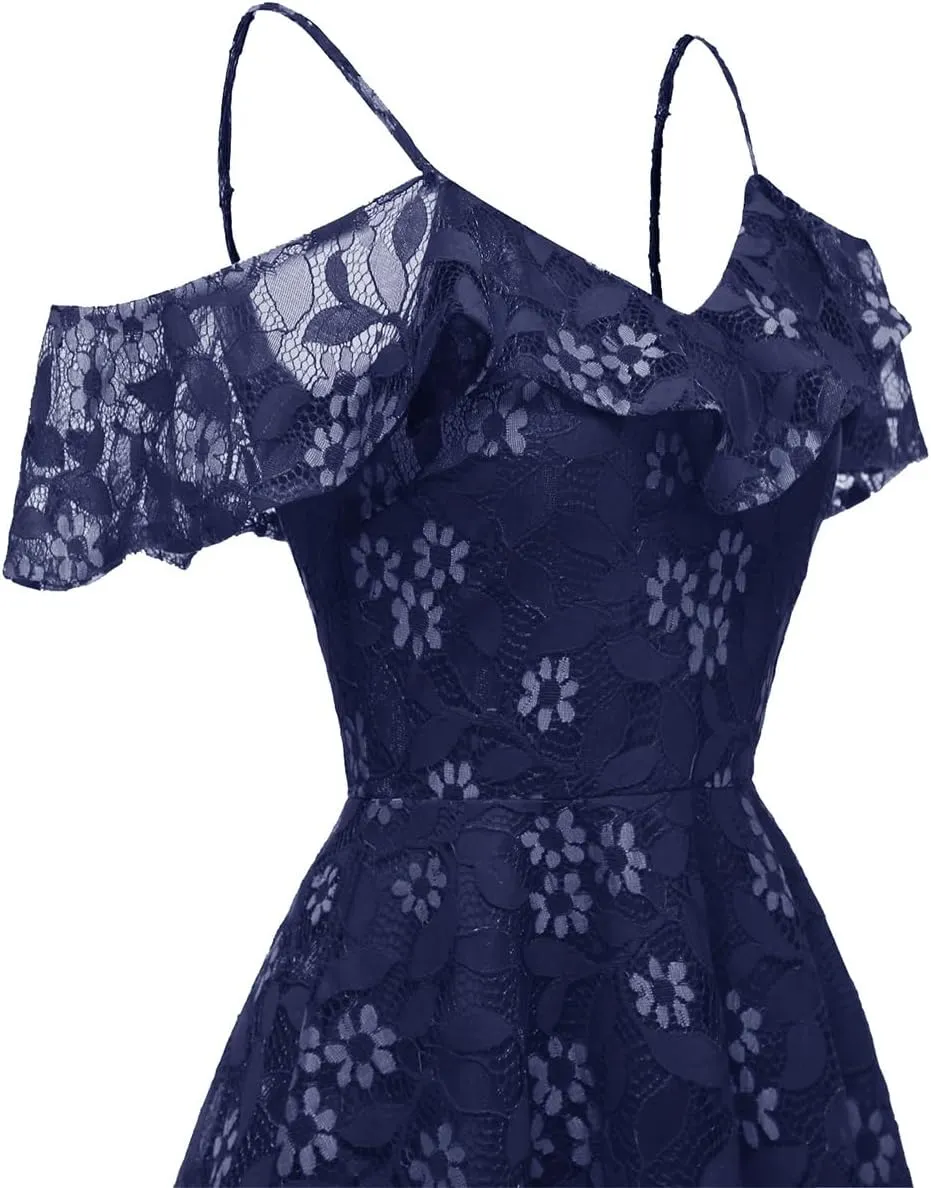 IWEMEK Women Spaghetti Strap Floral Lace Bridesmaid Cocktail Party Dress Cold Shoulder Ruffle Sleeve Wedding Guest Prom Dress