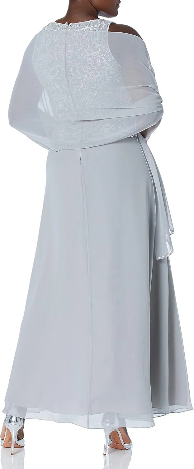 J Kara Women's Sleeveless Scallop Long Beaded Dress W/Scarf