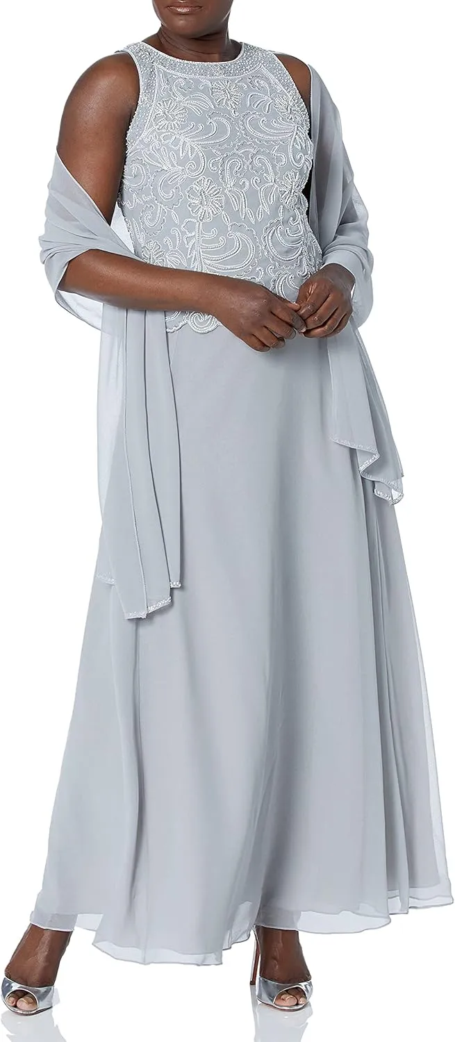 J Kara Women's Sleeveless Scallop Long Beaded Dress W/Scarf