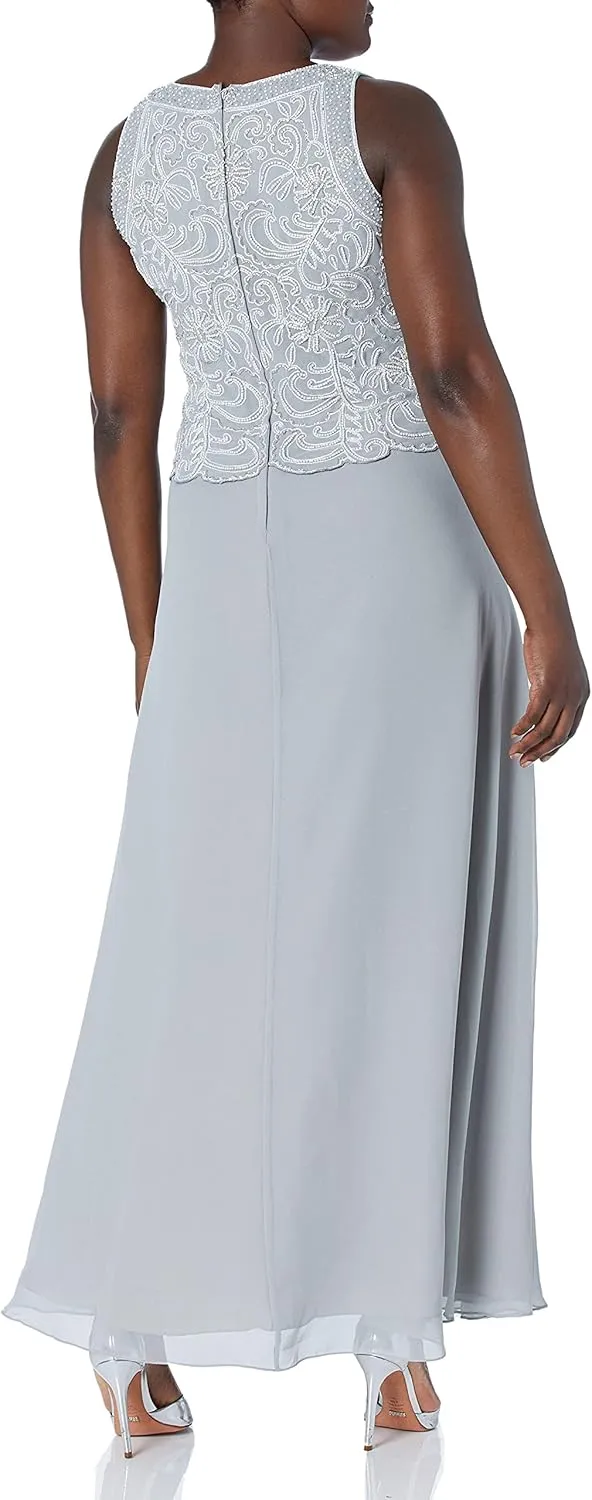 J Kara Women's Sleeveless Scallop Long Beaded Dress W/Scarf