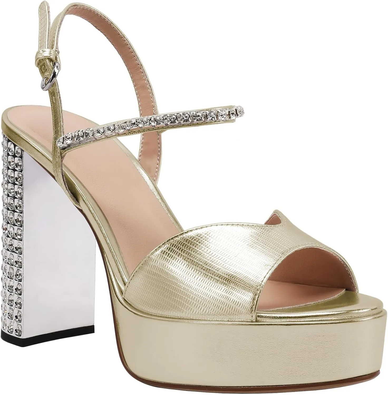 JANSEVEN Rhinestone Sandals Women Crystal Heels Platform Chunky Heel Ankle Strap Sparkling Sandals Peep Toe Sexy Dress Bridal Wedding Party Shoes