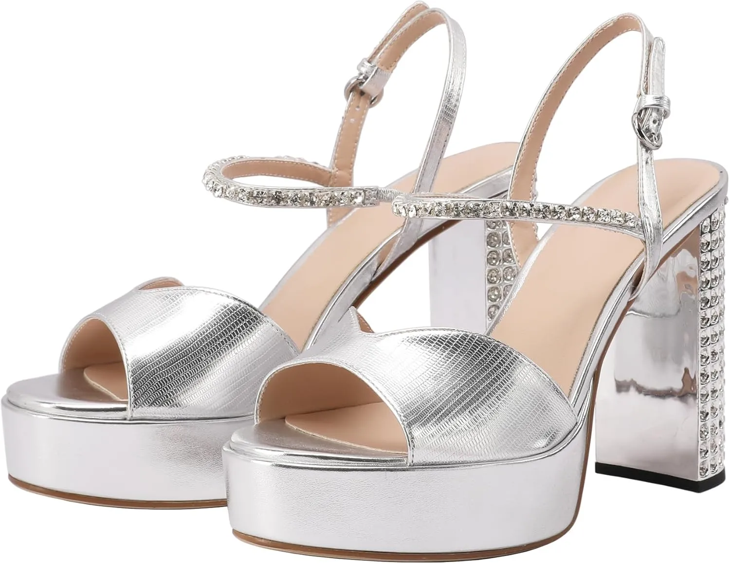 JANSEVEN Rhinestone Sandals Women Crystal Heels Platform Chunky Heel Ankle Strap Sparkling Sandals Peep Toe Sexy Dress Bridal Wedding Party Shoes