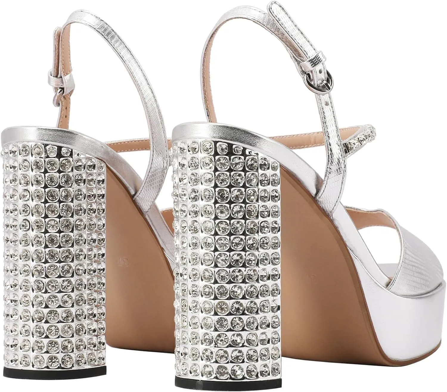 JANSEVEN Rhinestone Sandals Women Crystal Heels Platform Chunky Heel Ankle Strap Sparkling Sandals Peep Toe Sexy Dress Bridal Wedding Party Shoes