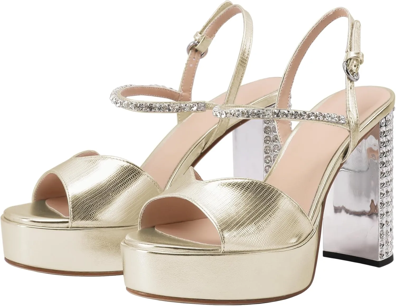 JANSEVEN Rhinestone Sandals Women Crystal Heels Platform Chunky Heel Ankle Strap Sparkling Sandals Peep Toe Sexy Dress Bridal Wedding Party Shoes