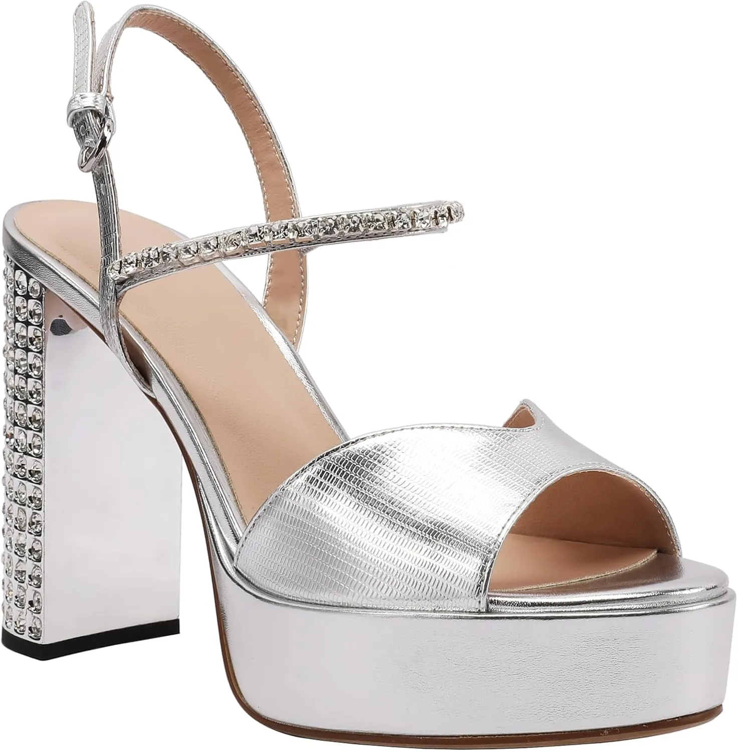 JANSEVEN Rhinestone Sandals Women Crystal Heels Platform Chunky Heel Ankle Strap Sparkling Sandals Peep Toe Sexy Dress Bridal Wedding Party Shoes